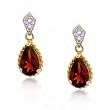 Pear Garnet & Diamond Dangle Stud Earrings in Solid Yellow Gold