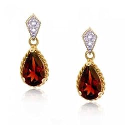 Pear Garnet & Diamond Dangle Stud Earrings in Solid Yellow Gold