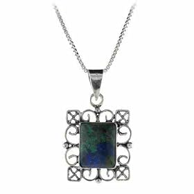Genuine Azurite Stone Sterling Silver Filigree Rectangle Pendant by 