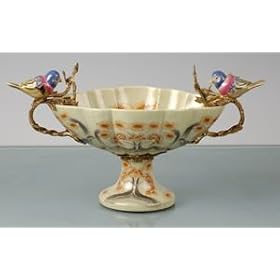 PORCELAIN BOWL WITH BIRDS - PORCELAIN BOWL WITH BIRDS AND BRASS ACCENTS