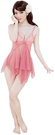 Women Sexy Lingerie Sets Gauzy Transparency V-neck Babydoll Night Skirt (Pink)