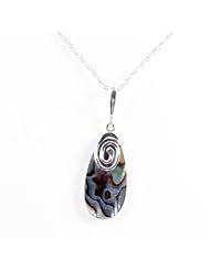 Original sterling silver 925 abalone oval pendant 45 mm long and 14 mm wide with silver spiral motif. Comes with sterling silver chain 438 mm long. Matching earrings available. Designed and hand finished in France.