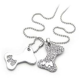 PURELY CHARMING Necklace Pendant with Handset Swarovski Crystals - Double Bone Dog ID Tags (Silver)