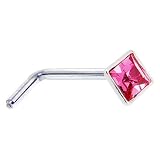 925 Sterling Silver Diamond Pink Gem L-Shaped Nose Ring