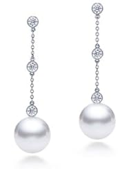 PremiumPearl 7.5-9mm AAA Japanese Cultured Akoya Pearl Earrings 18k Gold & Diamonds