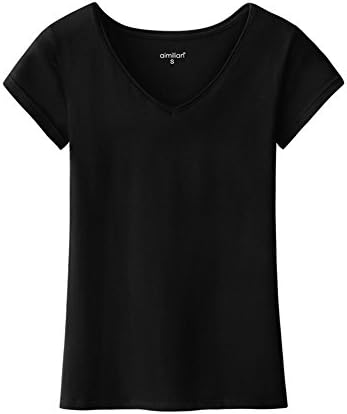 Aimilian Women's Short Sleeve V Neck T-Shirt Petite Cotton Tees in sizes M