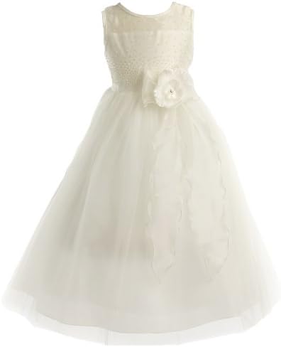 Peek-A-Boo Pearl Bodice Communion Flower Girl Pageant Long Dress - Ivory 6
