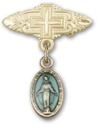 Gold Filled Baby Badge with Blue Miraculous Charm and Badge Pin with Cross