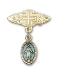 Gold Filled Baby Badge with Blue Miraculous Charm and Badge Pin with Cross