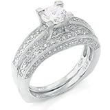 2 Pieces 925 Sterling Silver Rhodium Plated Engagement Wedding Cubic Zirconia Antique Style Ring Set New
