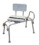 Sliding Transfer Bench - Padded swivel seat with safety belt rotates 360 degrees and glides smoothly on heavy duty frame rails. Double safety locking mechanism provides added security and comfort. Reversable armrest accommodates any bathroom. Easy assembly and adjustable height legs.