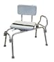 Sliding Transfer Bench - Padded swivel seat with safety belt rotates 360 degrees and glides smoothly on heavy duty frame rails. Double safety locking mechanism provides added security and comfort. Reversable armrest accommodates any bathroom. Easy assembly and adjustable height legs.