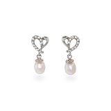 Eve's Addiction CZ Heart Freshwater Pearl Drop Sterling Silver Earrings