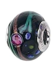 Genuine Zable (TM) Product. 925 Sterling Silver Black with Multicolor Flowers Murano Glass Bead Charm. 100% Satisfaction Guaranteed.