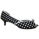 Black Satin Kitten Heel Peep-Toe Polka Dot Sandals Shoes