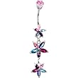 Sterling Silver 925 Multi Cubic Zirconia Floral Drop Belly Ring