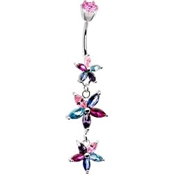 Sterling Silver 925 Multi Cubic Zirconia Floral Drop Belly Ring