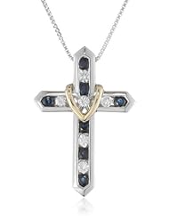 XPY Sterling Silver and 14k Yellow Gold Blue and White Sapphire "Cross Your Heart" Pendant Necklace, 18"