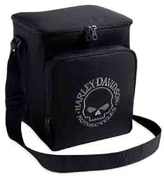 Harley Davidson Skull Cooler--NEW for 2009. Ripstop polyester insulated cooler with zipper top lid, zipper front pocket, and adjustable shoulder strap. Cooler holds up to twelve beverage cans. Embroidered Harley-Davidson&reg; skull graphic on front. Measures 8 3/4" x 7" x 10 3/4". 99355-09V