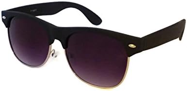 RETRO Wayfarer Clubmaster Matte Soft Touch Half Rim Metal Sunglasses (Black)