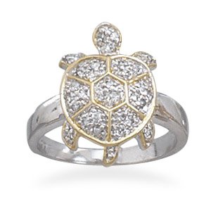 Turtle Ring Two Tone with CZ Rhodium Sterling Silver 14K Gold Plate, 7