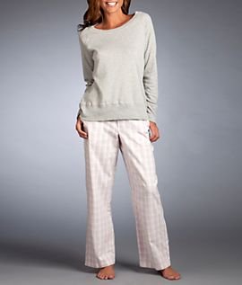 Dearfoams Thermal and Stripe Flannel Pajama Set, L, Grey Heather