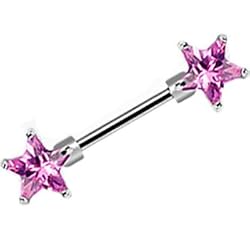 Pink Cubic Zirconia Star Front Gem Nipple Barbell