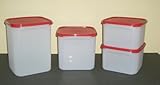 Tupperware Modular Mates Square Set of 4 Food Storage Containers, Passion Red Seals