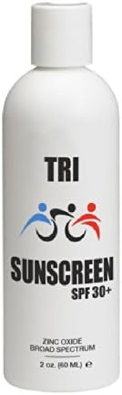 2oz TRI Sunscreen SPF 30+ with Physical Broad Spectrum Zinc Oxide, Rubs in Clear, 80 min water resistant. Zinc Oxide Acts like a Million Tiny Mirrors Reflecting Both UVB and UVA Rays before they enter your skin. "Fragrance Free" Made In USA. Leaves No White Residue. Made for triathletes and multisport athletes that spend extended hours in the Sun.