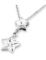 14K Italian White Gold Diamond Cut Double Stars Drop Hanging Pendant Necklace (16"), Women Girl Jewelry in Gift Box