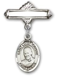 Sterling Silver Baby Badge with St. Luigi Orione Charm and Polished Badge Pin