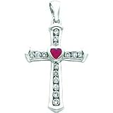 14 karat white gold genuine diamond and ruby heart cross charm