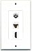 RiteAV Decorative 1 Gang Wall Plate (White/White) 3 Port - Coax (White) Cat6 (White) HDMI (White)