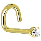 Solid 14KT Yellow Gold 2mm Clear Cubic Zirconia Left Nostril Screw - 18 Gauge