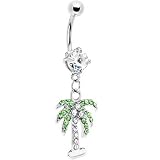 Clear Cubic Zirconia Paved Palm Tree Dangle Belly Ring