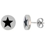 Stainless Steel Black Enamel Star Stud Earrings, 3/8 in. (10mm)