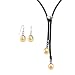 Forever Together Peach Pink Cultured Pearl Leather Heart Shaped Slider Lariat Necklace & Pearl Drop Earrings Sterling Silver Set