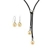 Forever Together Peach Pink Cultured Pearl Leather Heart Shaped Slider Lariat Necklace & Pearl Drop Earrings Sterling Silver Set