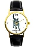 Russian Blues Cat Cat watch ladies size 1 inch Has gold tone case with black leather band. Battery operated.
