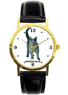 Russian Blue Cat Watch Has Gold Tone Case with Black Leather Band. Battery Operated.