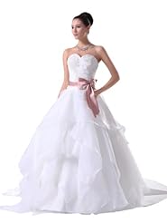 A-line Strapless Organza Sweetheart Lace-Up  Sequined  Applique  Spring Fall Winter  Ball Gown Wedding Dress  with a Court Train  With a Bow(s) and a Ribbon  and a Sash  and Ruffles