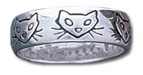 Solid Sterling Silver Cat Heads Band Ring