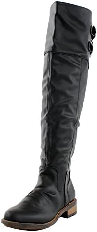 Qupid RELAX01X Basic Casual Buckle Knee High Riding Boot,6.5 B(M) US,Black Distress PU-01x