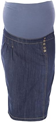 9FASHION Maternity Women's Tory Over Belly Midi Jean Skirt, Small, Indigo