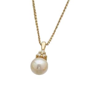 Cultured White Pearl, Round Brilliant Cut Diamonds, 14K Yellow Gold. Pearl And Diamond Necklace