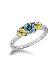 1.00 Ct 3-Stone Round Blue and Canary 14K White Gold Diamond Ring