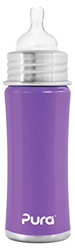 Pura Kiki Stainless Infant Bottle Stainless Steel with Natural Vent Nipple, 11 Ounce, Lavender, 3 Months+