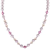 Sterling Silver Clasp 8mm Rose Quartz, Pink Freshwater Pearl, and Crystalized Swarovski Elements 8mm and 2mm Bicone Station Bead Necklace, 18"
