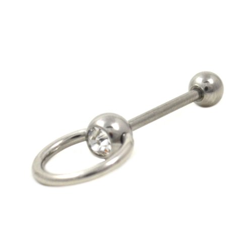 Stainless Steel Knocker Ring Barbell W/5mm Clear CZ Gem Tongue Ring Piercing Bar 14G 5/8"