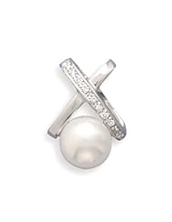 14K White Gold X Design Slide with Diamonds and a 7.5-8mm Pearl